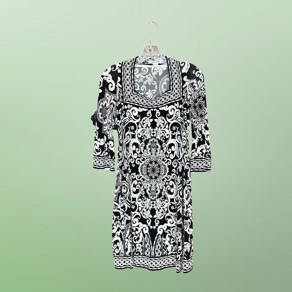 WHBM Black & White 3/4 Sleeve Square Neck Lightweight Pattern Midi-Knee Size XS - Picture 12 of 12